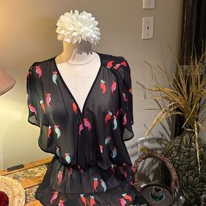 Sheer Black, deep-V neck, peplum with parrot print chiffon blouse